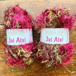 2 Skeins Moda Dea Jai Alai Eyelash Yarn 50g #6532 DAMSON Lot 3663 Burgundy/Green